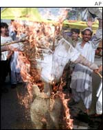 Pakistanis burn an effigy of the Indian premier