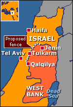 Map of Israel and the West Bank showing a proposed fence
