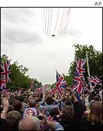 Concorde and the Red Arrows leave coloured trails over London