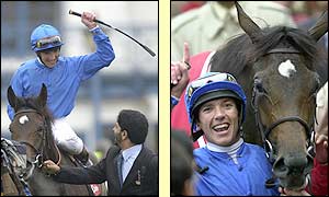 Dettori prepares for his famous flying dismount (left) and celebrates his victory