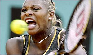 Serena William hits a full-blooded backhand