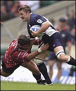 Bristol centre David Rees is shackled by Rob Fidler 