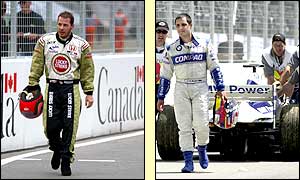 Jacques Villeneuve and Juan Pablo Montoya walk back to the pits after retiring from the race