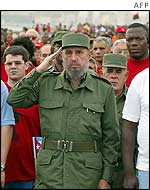 Castro stands to attention during Wednesday's demonstration