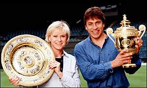 Sue Barker and John Inverdale with the Wimbledon trophies
