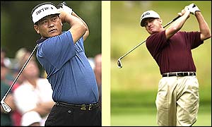 KJ Choi (left) and Jeff Maggert are in a four-way tie for third place on one under par