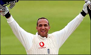 Mark Butcher celebrates his century