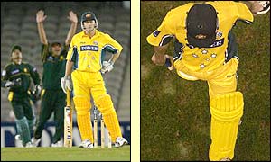Australia's Adam Gilchrist and Ricky Ponting are each dismissed for a duck