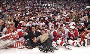 Detroit Red Wings, their families and officials celebrate Stanley Cup success.