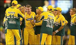Brett Lee of Australia is congratulated after taking a Pakistan wicket