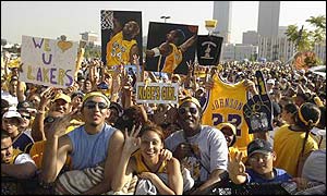 Lakers fans turn out for their team in downtown Los Angeles after their team's 4-0 finals sweep of New Jersey.