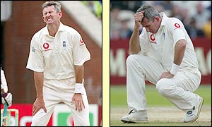 Caddick drops to his knees in pain