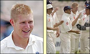 Hoggard is congratulated by the rest of the England squad