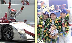 Italian Emanuele Pirro (left, Dane Tom Kristensen (center) and Frank Biela of Germany celebrate their victory on the podium