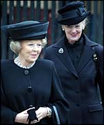 Queen Beatrix of the Netherlands and Queen Margrethe of Denmark at the Queen Mother's funeral