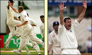Andrew Flintoff celebrates the dismissal of Eric Upashantha while Ashley Giles appeals for the final wicket of Murali