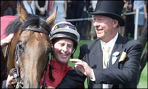 Mick Kinane and Sir Alex Ferguson celebrate winning the St James' Palace Stakes at Royal Ascot