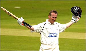 Ali Brown celebrates his awesome innings of 268