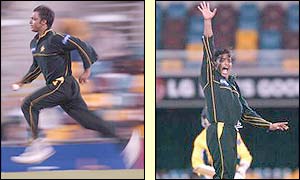 Shoaib Akhtar in action bowling against Austarlia