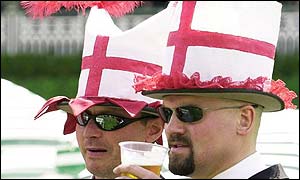 Richard Beastall (left) and Paul Hughes wear patriotic hats