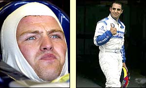 Ralf Schumacher sees his pole position taken away as Montoya celebrates