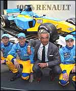Renault's 2002 drivers Jarno Trulli (left), Jenson Button and Fernando Alonso (right) with team boss Flavio Briatore