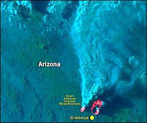 Satellite image of Arizona fires and smoke