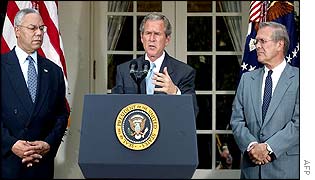 Colin Powell, George Bush and Donald Rumsfeld