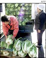 Market trader selling cabbages