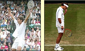 Roger Federer shows his despair as he loses to Mario Ancic 