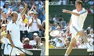 Olivier Rochus (left) puts out the number two seed Marat Safin in four sets