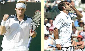 George Bastl celebrates another point while Sampras can only watch in disbelief