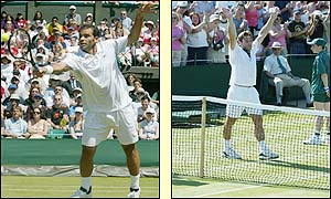 Sampras plays a shot awkwardly and Goerge Bastl celebrates his win 