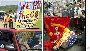 A car waits at a checkpoint near Kananaskis and protesters burn a flag and an effigy of George W Bush in Ottawa
