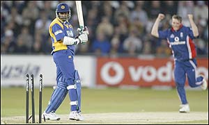 Chaminda Vaas is bowled by England's James Kirtley