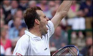 Rusedski shouts for joy after beating Andy Roddick