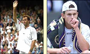 Rusedski (left) celebrates victory whilst Roddick's Wimbledon is over for this year