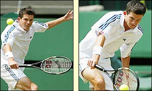 Henman is fired up during the tie-break and forces some uncharacteristic errors from Ferreira