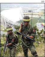Soldiers patrol near the World Cup Stadium in Daegu