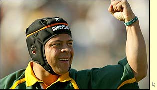 South African's Adrian Jacobs celebrates victory at the PAM Brink Stadium in Springs, South Africa