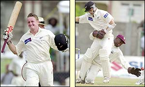 Scott Styris celebrates his century as New Zealand team-mate Robbie Hart collides with West Indies wicket-keeper Ridley Jacobs