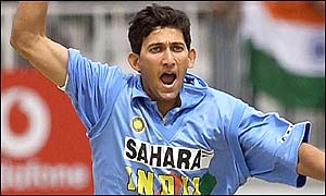 Ajit Agarkar celebrates taking the wicket of Kaluwitharana