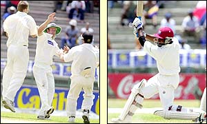 Daniel Vettori jumps for joy after the early departure of Ramnaresh Sarwan but Brian Lara is still batting