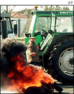 French farmers burning an animal carcass in protest at EU agricultural policies