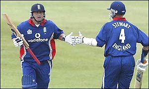 Darren Gough (left) hits the winning runs for England