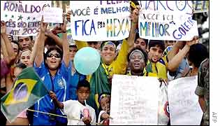 Fans of the Brazilian World Cup team celebrate the win in Rio de Janeiro