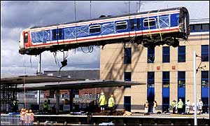 Destroyed train carriage at the Potters Bar train station