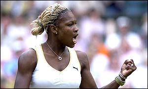 Serena Williams celebrates reaching the Wimbledon final where she will meet her sister Venus