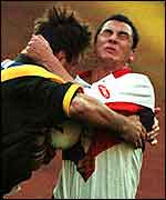 Adrian Morley finds no way through the Aussie defence in 1997