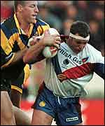 Australia's Brad Thorn gets to grips with Paul Broadbent in 1997 